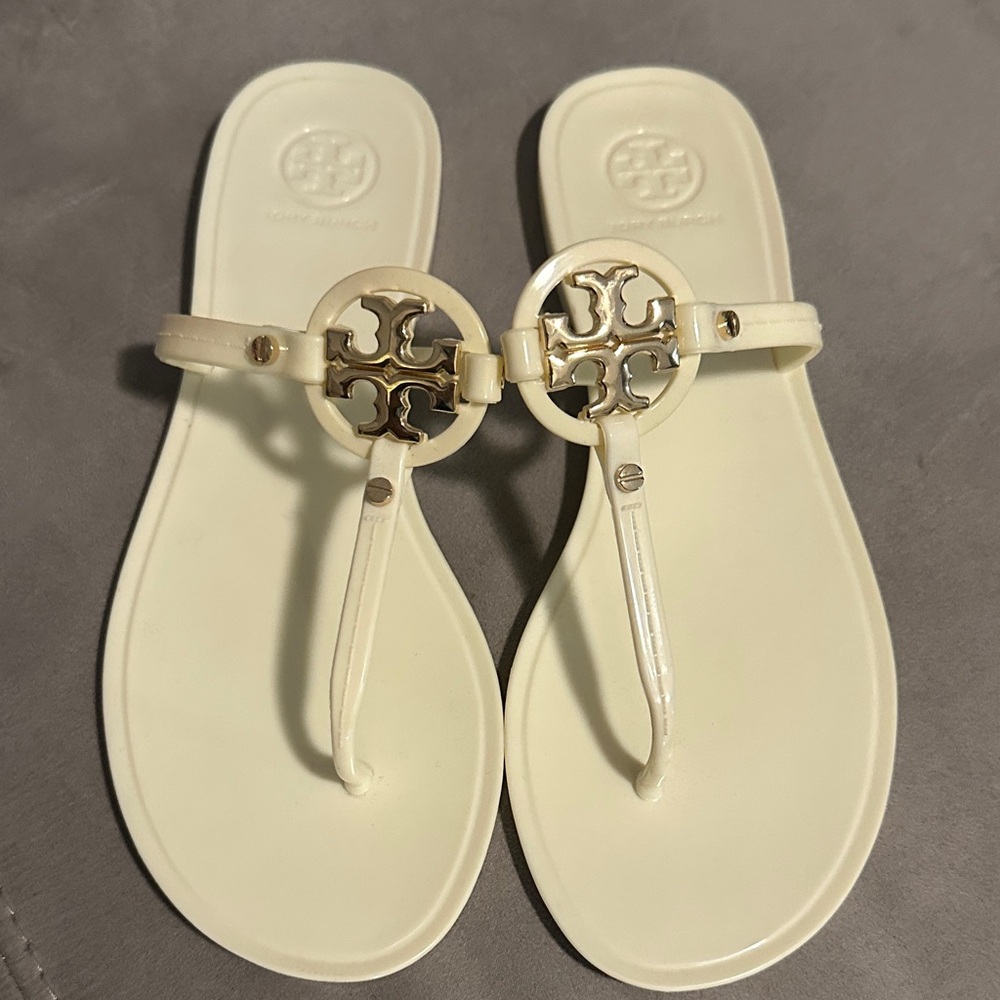 Tory Burch Ivory Sandals with Gold Accents